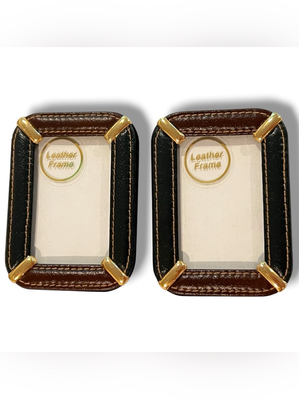 Lot Of 2- Leather Photo Frame 2'x3' Brown Dark Green Brass NEW E-6